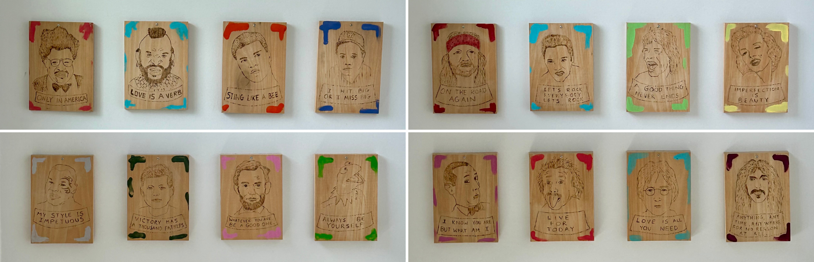 Photos of 16 portraits of famous people such as John Lennon and Abraham Lincoln. Portraits are made out of wood.