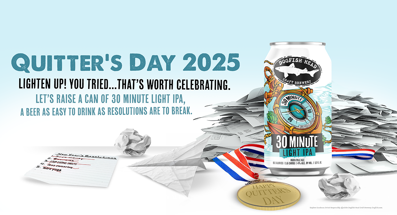 A can of 30 Minute Light IPA sitting on top of a Quitters Day medal Next to a New Years Resoultion list with the tag line Quitter Day 2025. Lighten Up! You Tried.... That is worth celebrating